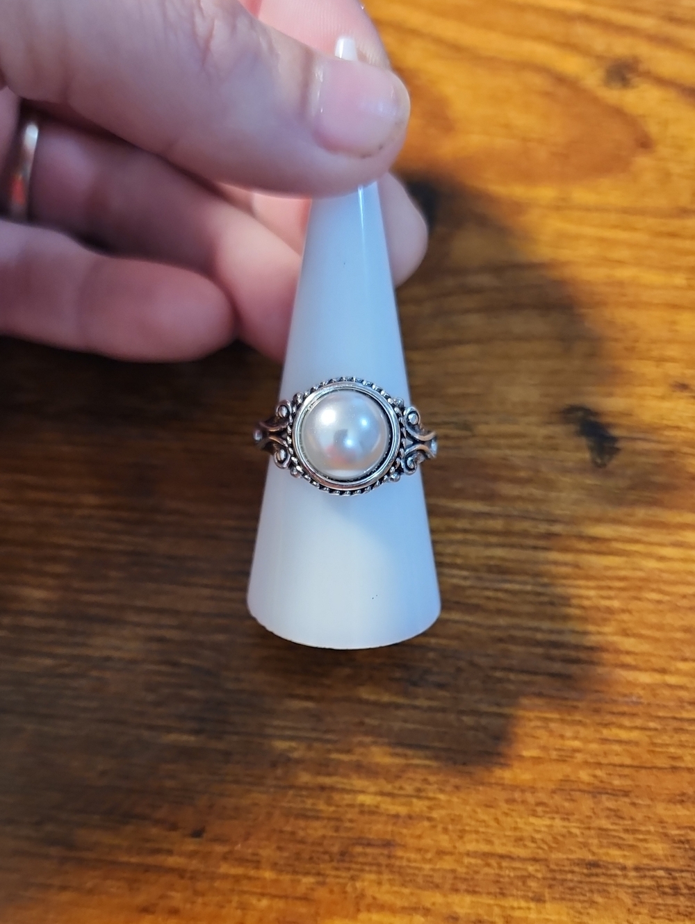 Antique Silver Korean And Japanese Style Retro Half-Circle Faux Pearl Ring,